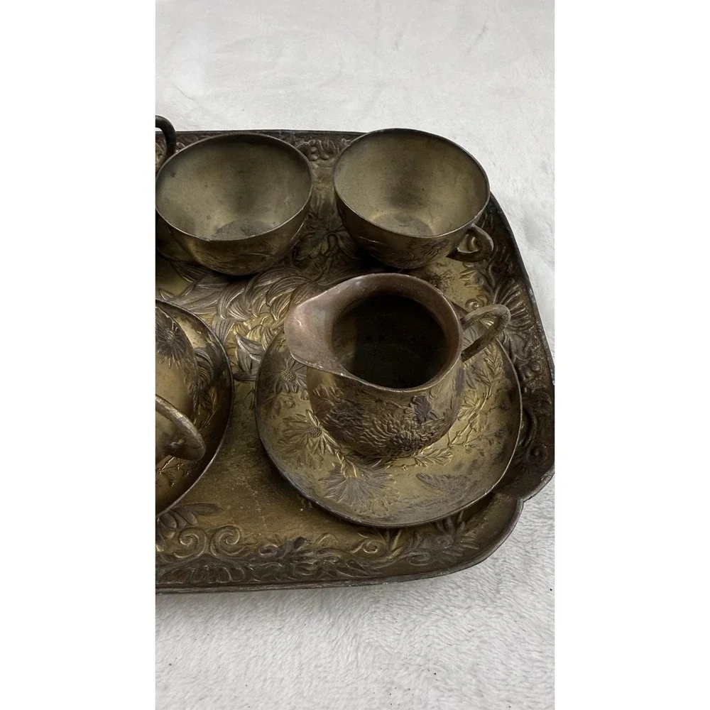 Vintage Japanese Brass Mini Tea Set Tray Teapot Cups Etched Floral Decor